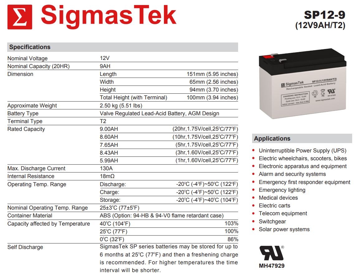 12V 9AH High Performance Alarm Replacement Battery