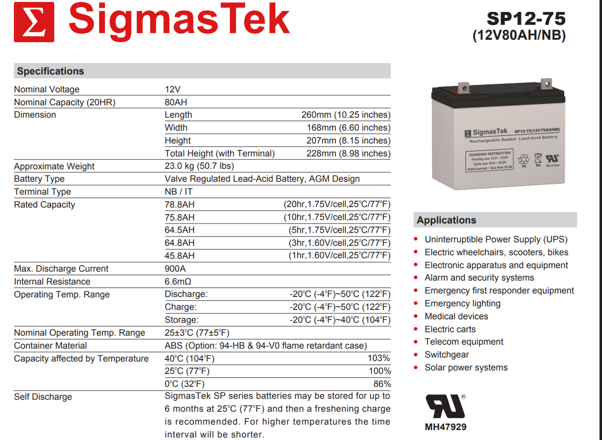 12V 75AH High Performance Alarm Replacement Battery