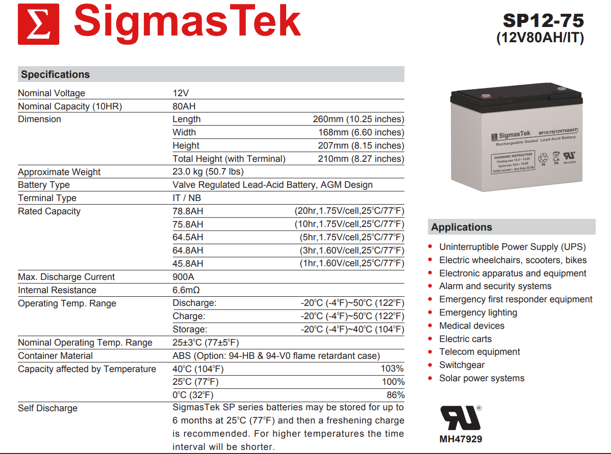 SigmasTek SP12-75 IT Compatible Replacement Battery