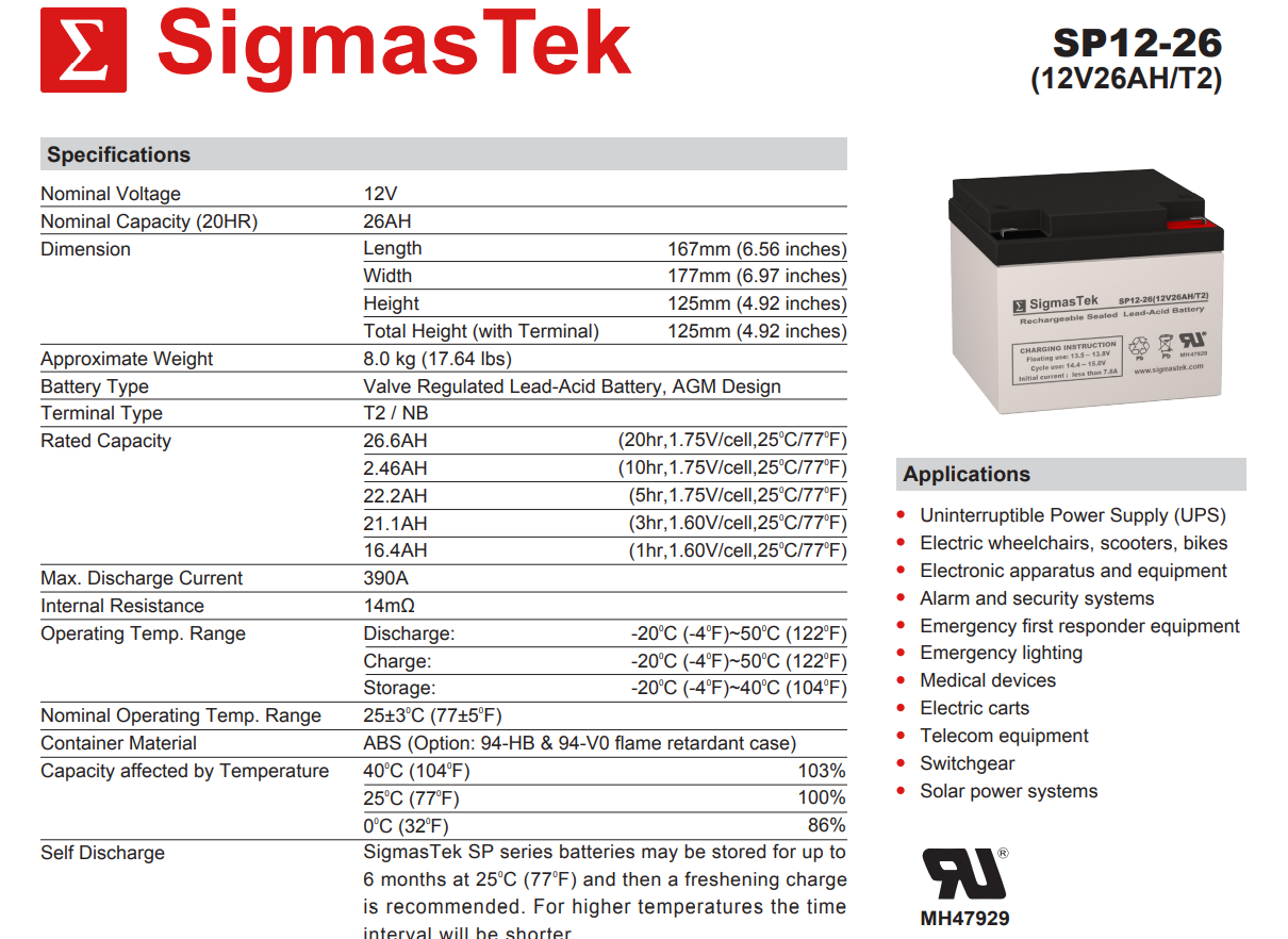 Sunnyway SW12260-F2 Long Life Replacement Battery