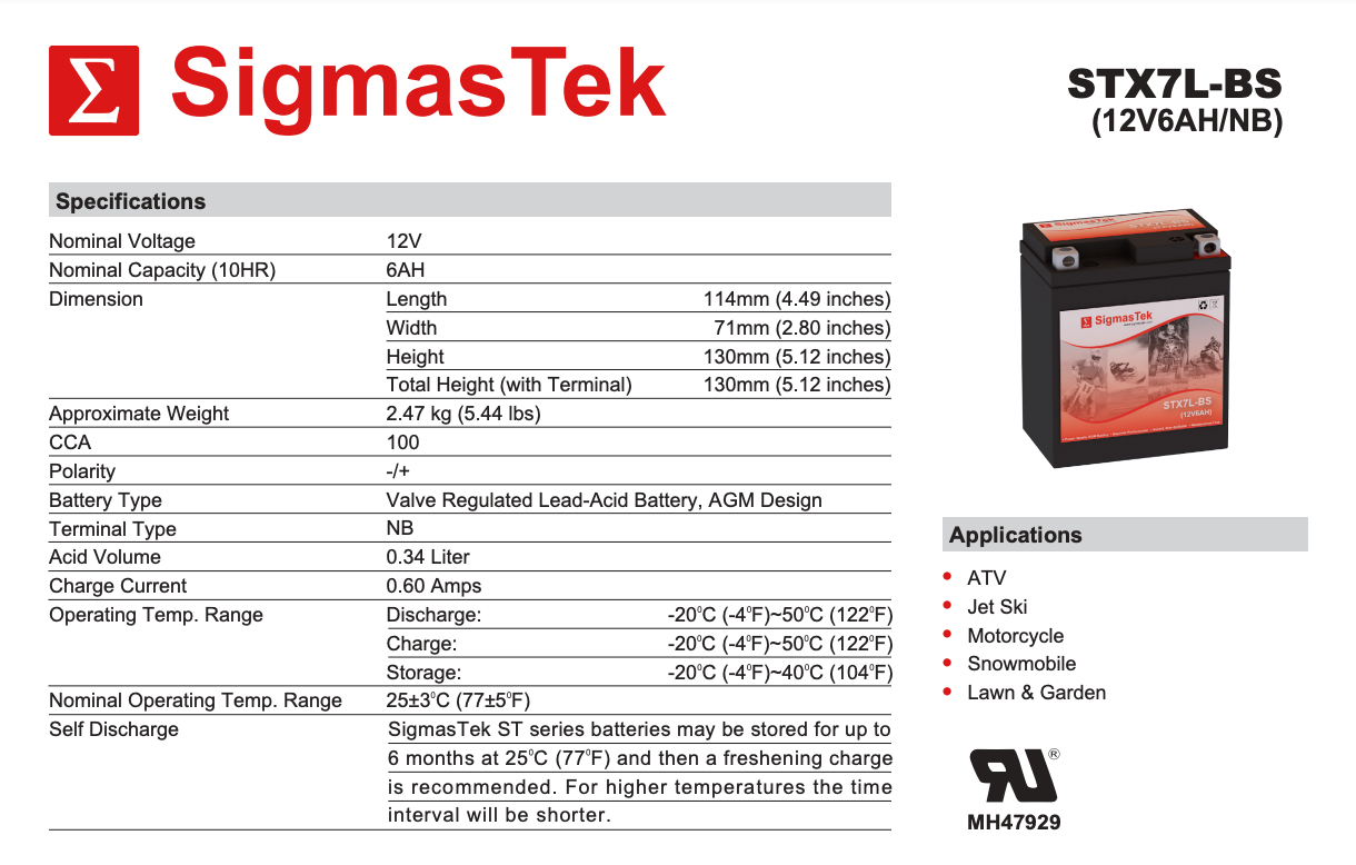 STX7L-BS Compatible Replacement Battery For Kawasaki KFX450R & KLX250S