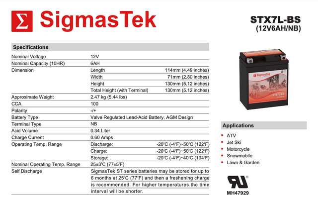 STX7L-BS Compatible Replacement Battery For Kawasaki KFX450R & KLX250S