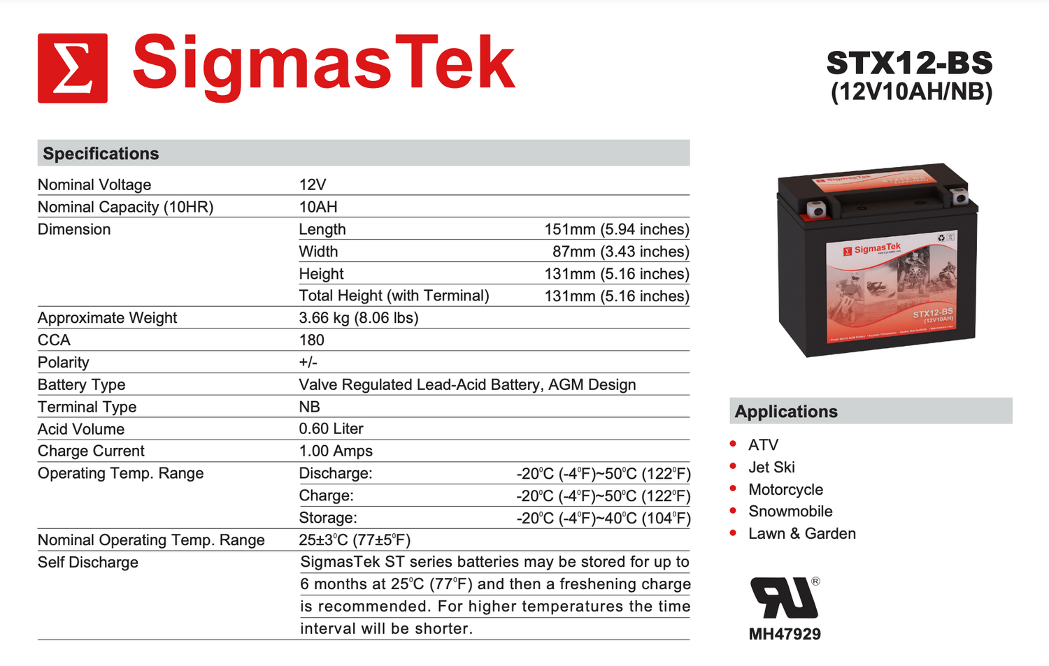 Yuasa YTX12-BS Compatible Replacement Battery