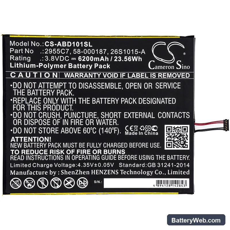 Amazon Kindle Fire HD 10.1 Replacement Battery, 3.8V, 6200mAh, Li-Polymer 3