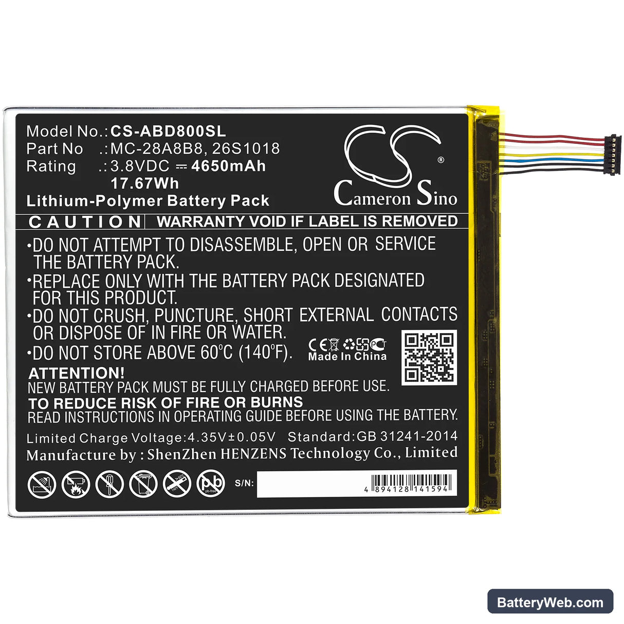 Amazon Kindle Fire HD 8 Replacement Battery, 3.8V, 4650mAh, Li-Polymer 3