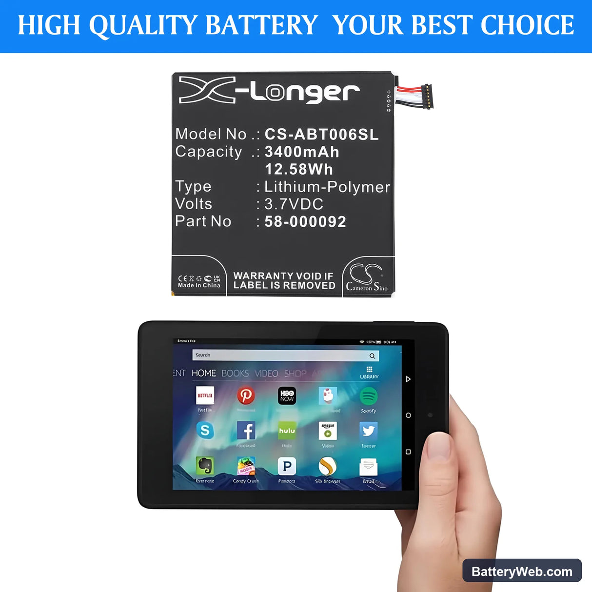 Amazon Fire HD 6 Replacement Battery, 3.7V, 3400mAh, Li-Polymer 6