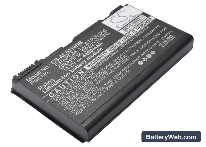 Acer TravelMate 5310-400508Mi Replacement Battery, 14.8V, 4400mAh, Li-ion 1