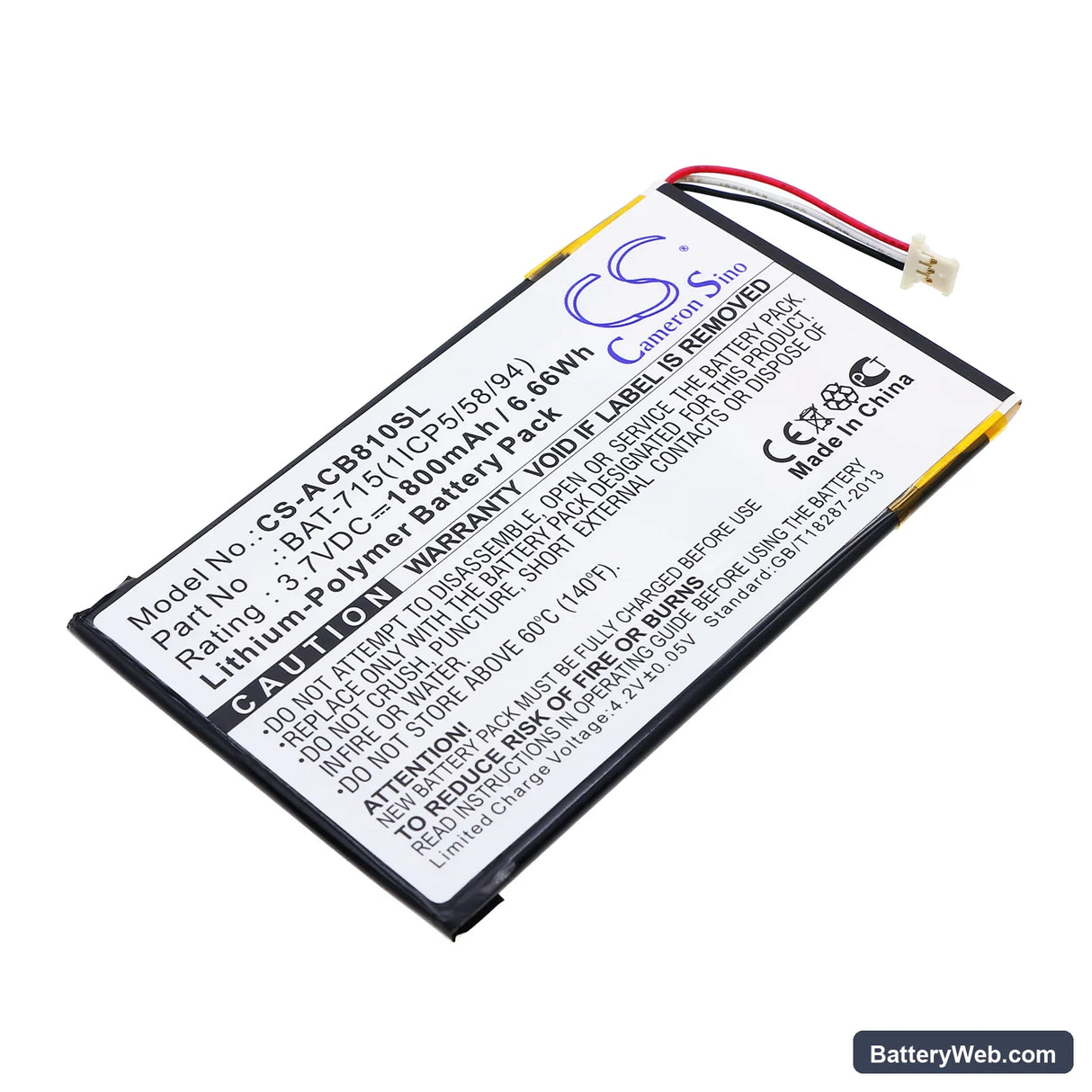 Acer B1-A71 Replacement Battery, 3.7V, 1800mAh, Li-Polymer 1