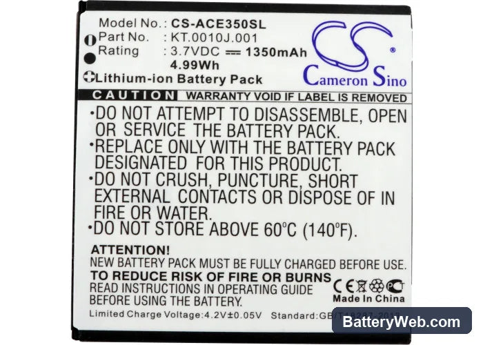 Acer Liquid Gallant Replacement Battery, 3.7V, 1350mAh, Li-ion 5