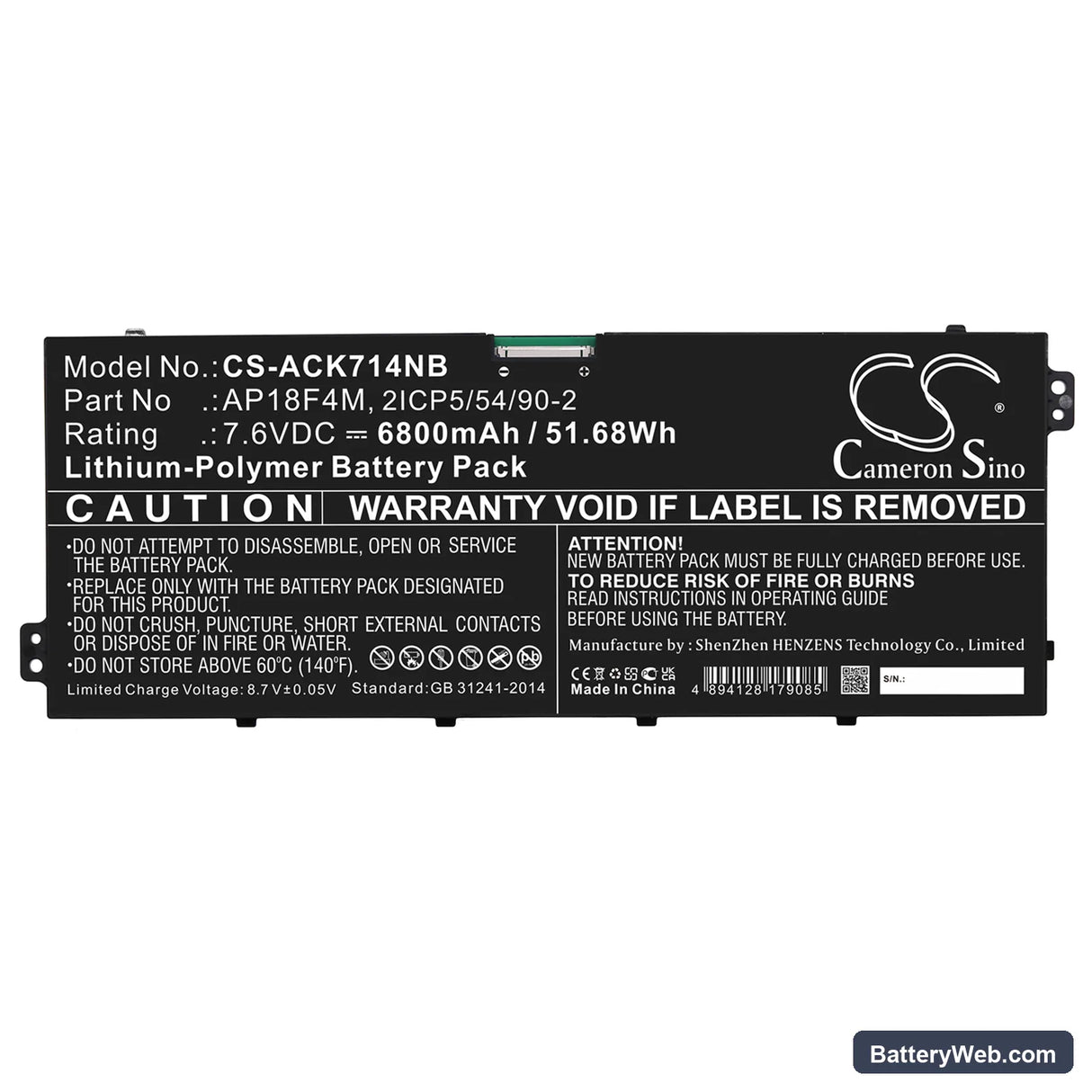 Acer Chromebook 714 CB714-1WT-53FX Replacement Battery, 7.6V, 6800mAh, Li-Polymer 3