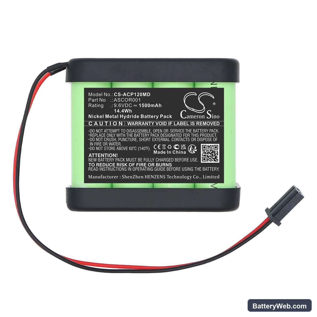Ascor AP12 Replacement Battery, 9.6V, 1500mAh, Ni-MH 3
