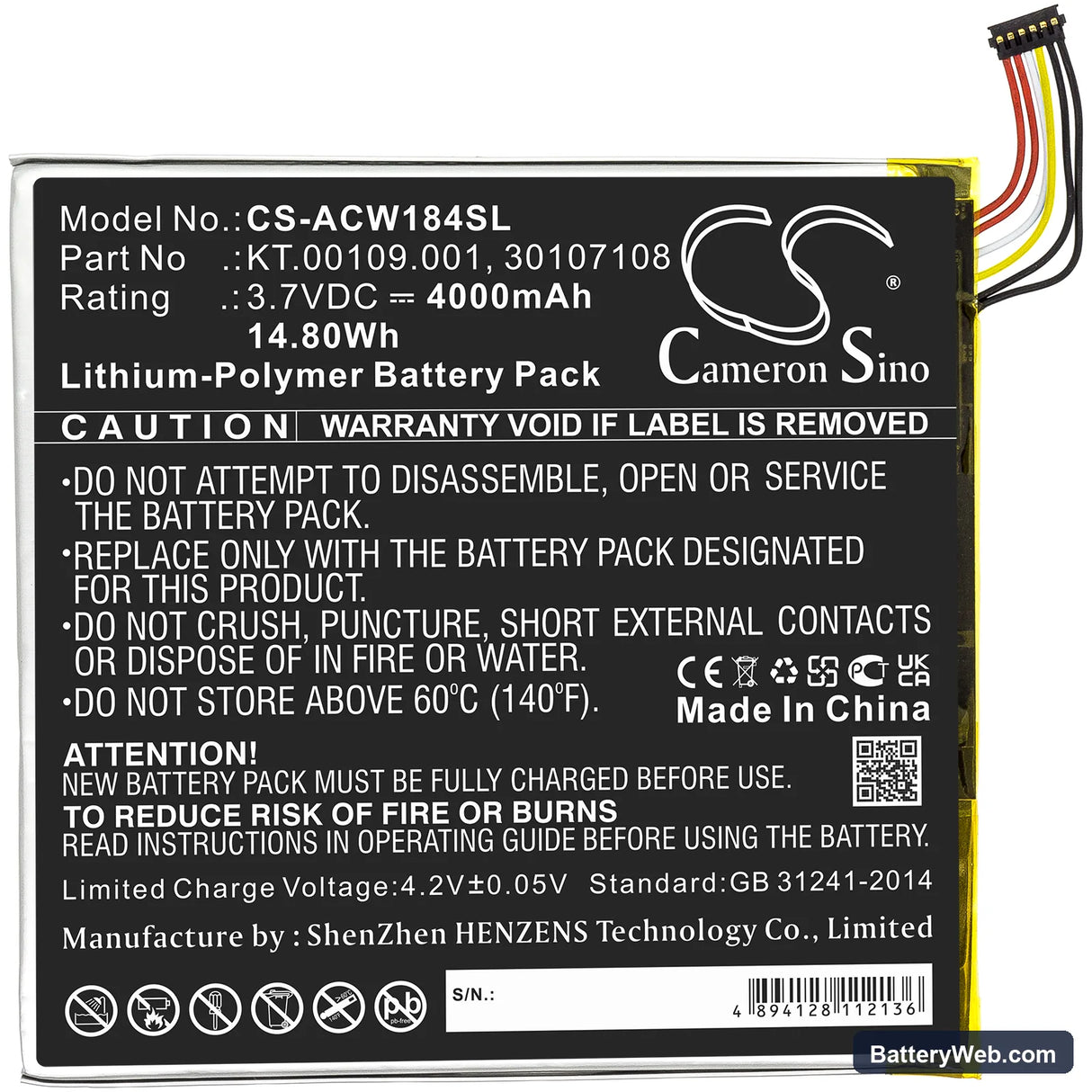 Acer Iconia Tab A1-840 Replacement Battery, 3.7V, 4000mAh, Li-Polymer 3
