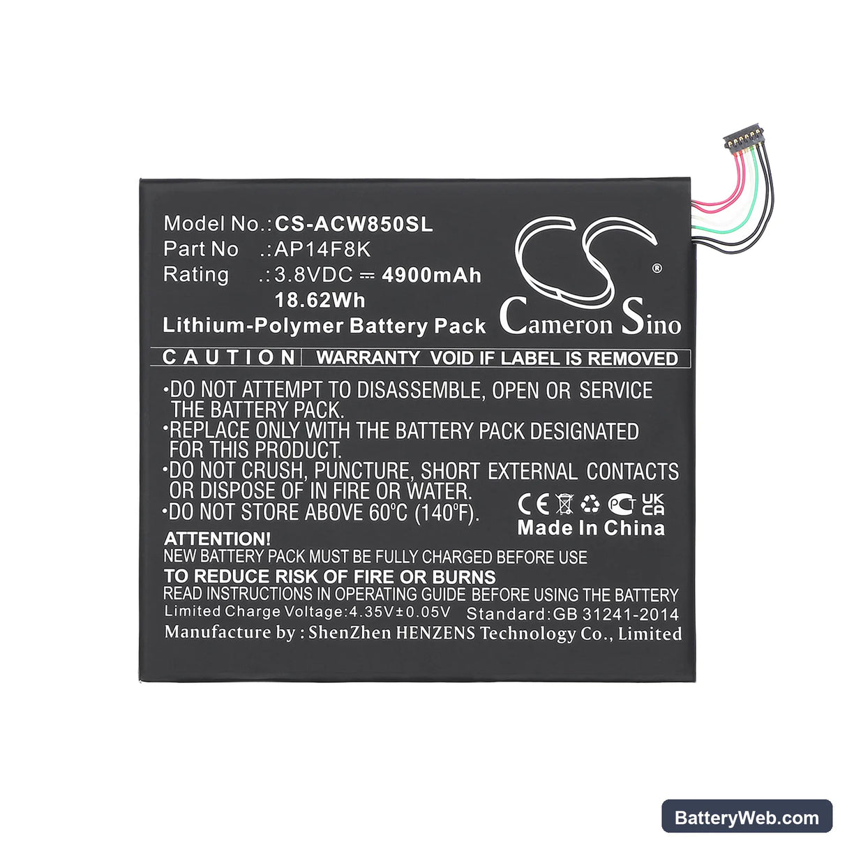 Acer Iconia Tab A1-850 Replacement Battery, 3.8V, 4900mAh, Li-Polymer 3