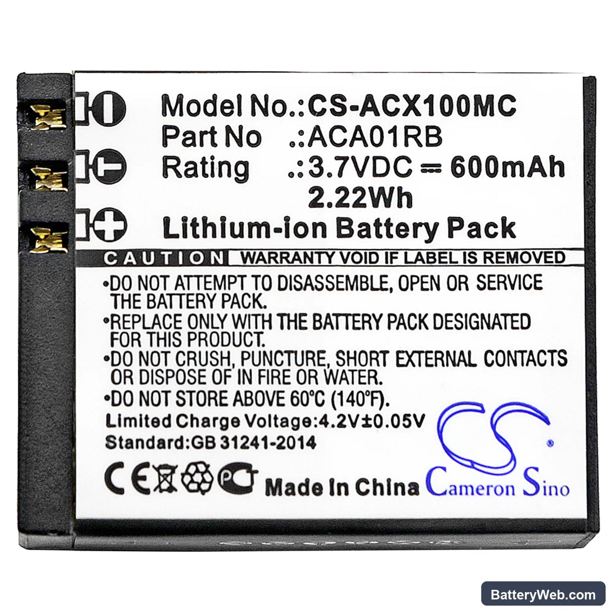 ACTIVEON CX Replacement Battery, 3.7V, 600mAh, Li-Polymer 3