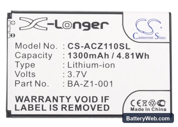 Acer Liquid Z110 Dou Replacement Battery, 3.7V, 1300mAh, Li-ion 5