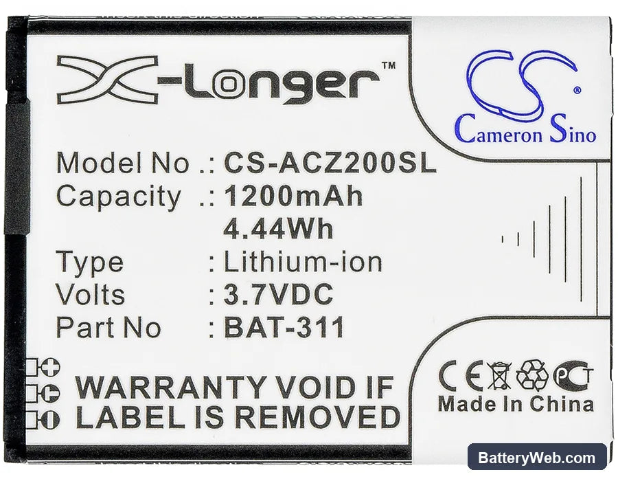 Acer Liquid Z200 Replacement Battery, 3.7V, 1200mAh, Li-ion 5