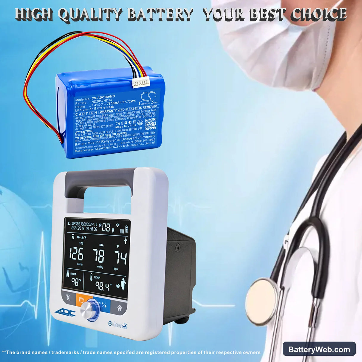 ADC ADView 2 Modular Diagnostic Station Replacement Battery, 7.4V, 7800mAh, Li-ion 1