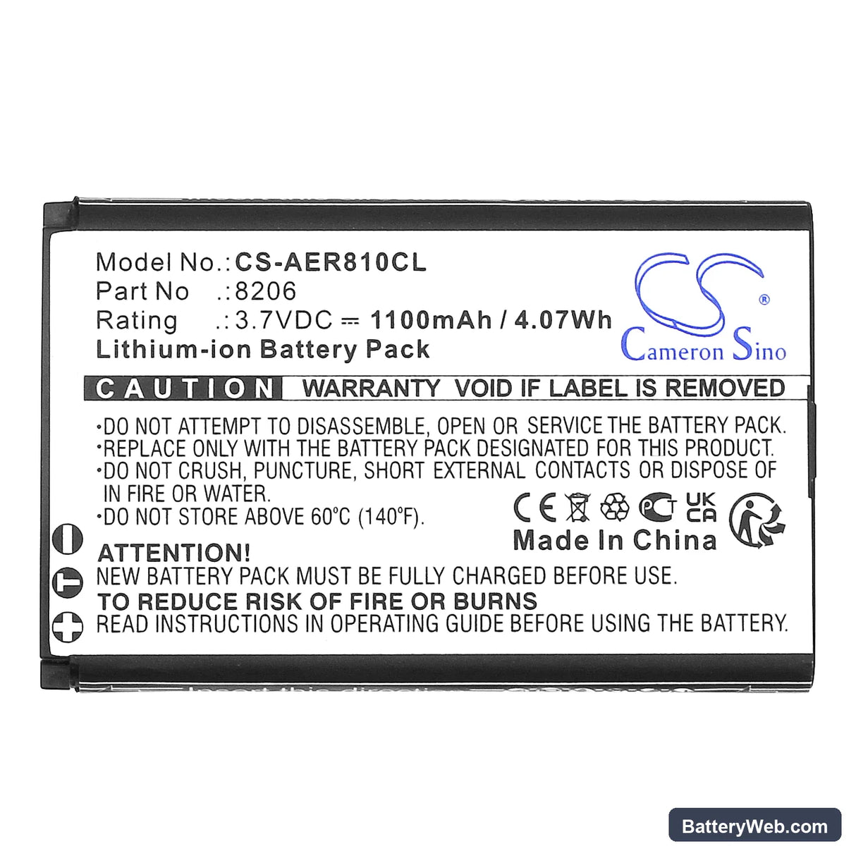 AEi VX-8x08 Replacement Battery, 3.7V, 1100mAh, Li-ion 3