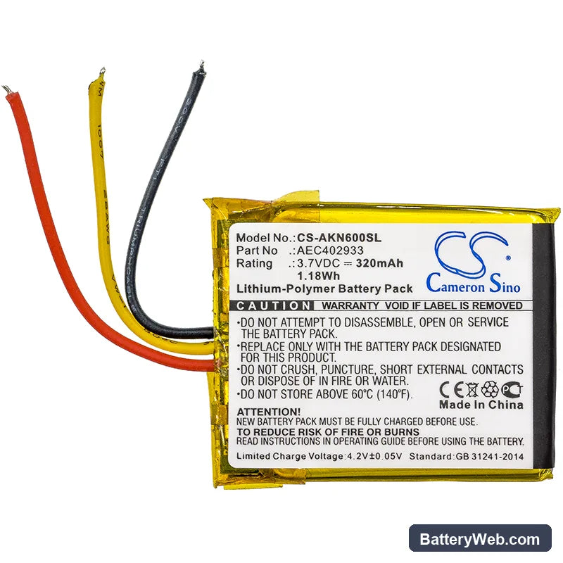 AKG N60 NC Replacement Battery, 3.7V, 320mAh, Li-Polymer 3