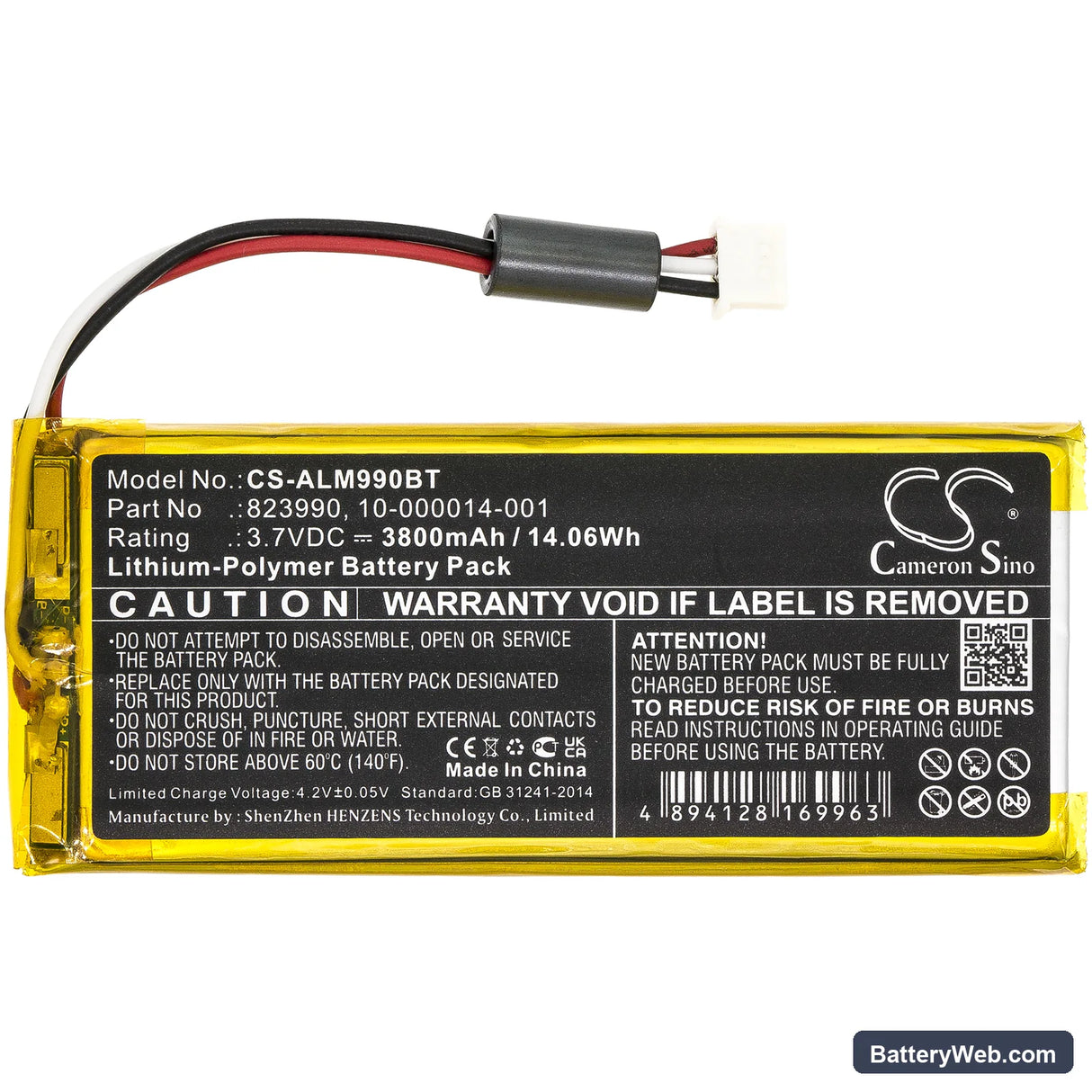 2GIG GC3 Panel Replacement Battery, 3.7V, 3800mAh, Li-Polymer 3
