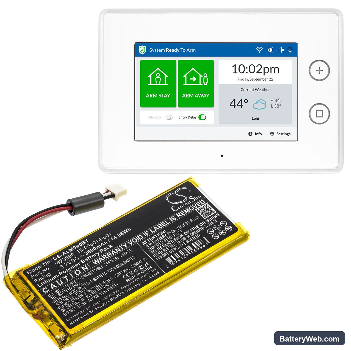 2GIG GC3 Panel Replacement Battery, 3.7V, 3800mAh, Li-Polymer 6