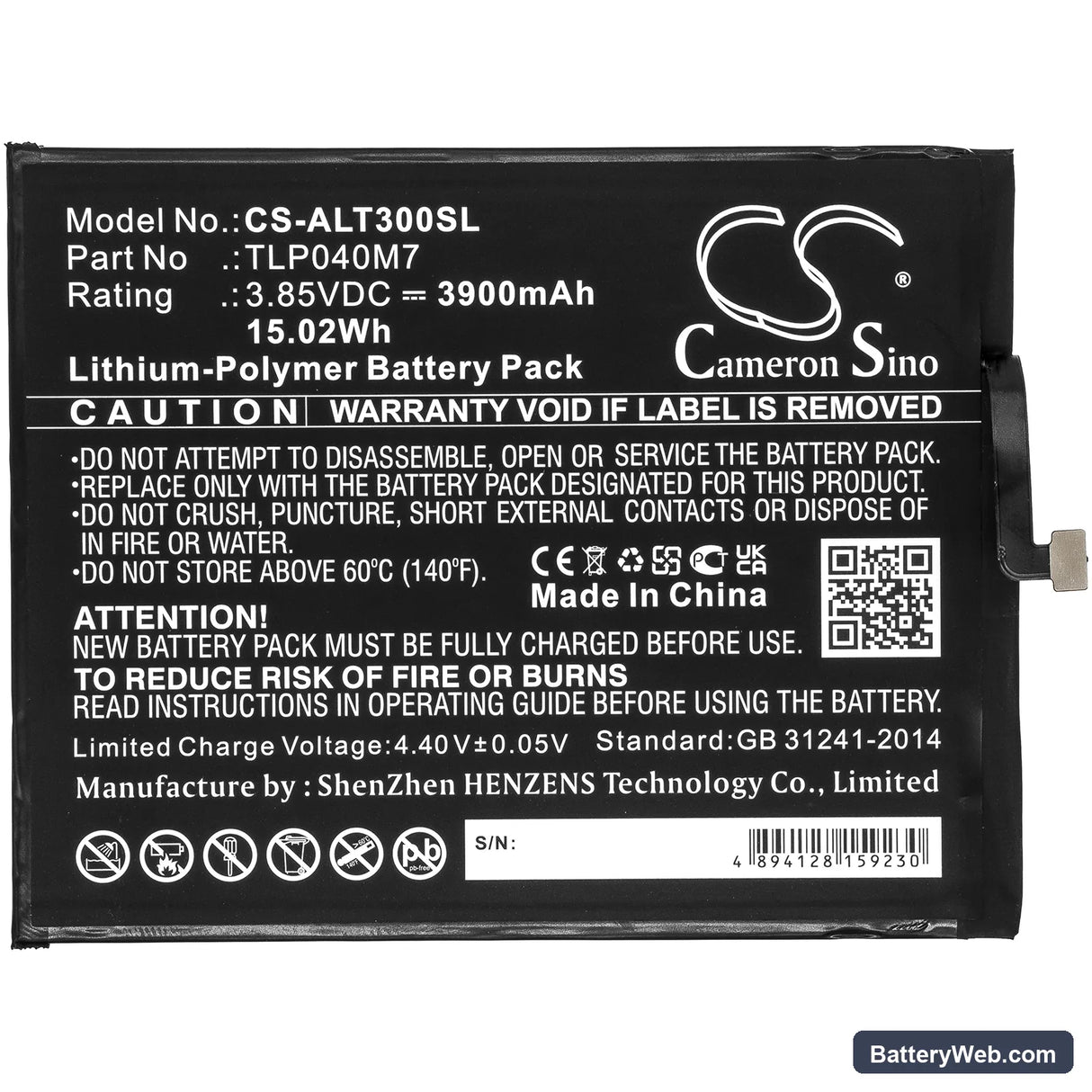 Alcatel 3T Replacement Battery, 3.85V, 3900mAh, Li-Polymer 3