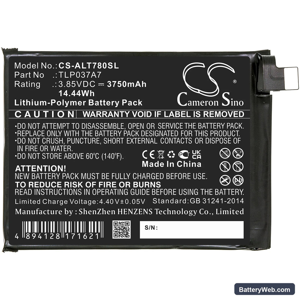 Alcatel Plex Replacement Battery, 3.85V, 3750mAh, Li-Polymer 3