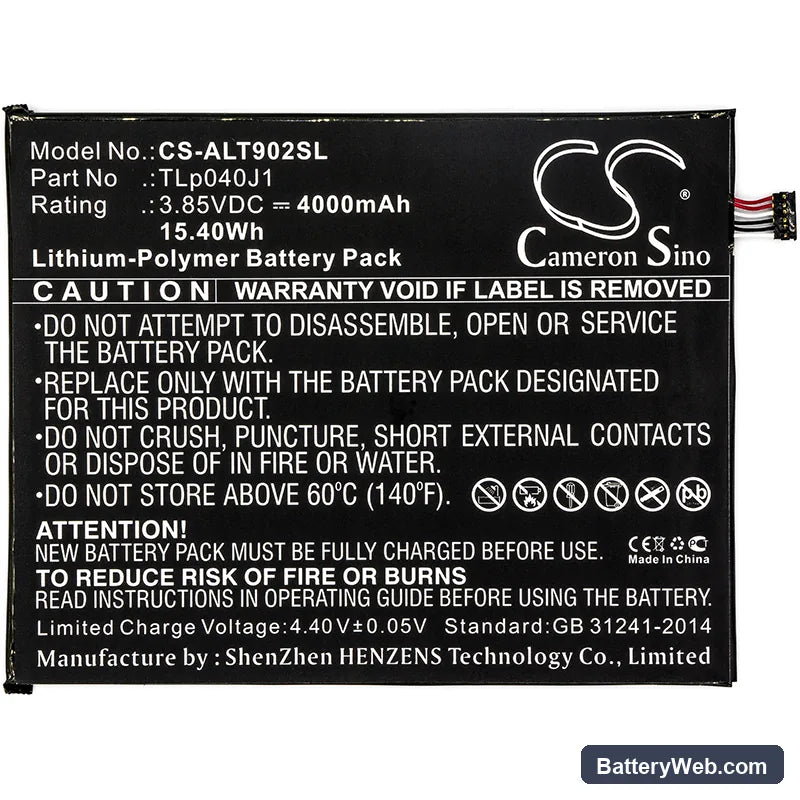 Alcatel A30 Tablet Replacement Battery, 3.85V, 4000mAh, Li-Polymer 3