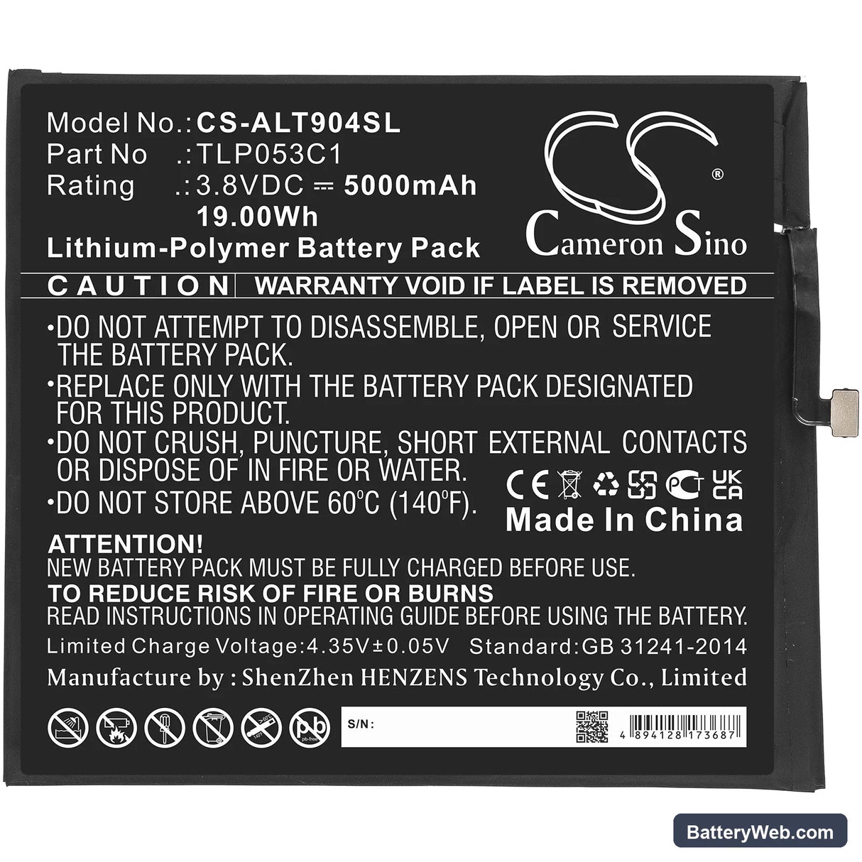Alcatel Tab 8 Replacement Battery, 3.8V, 5000mAh, Li-Polymer 3