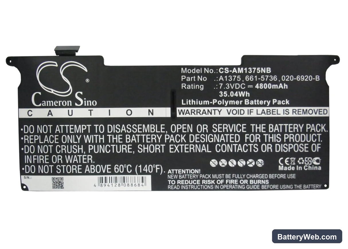 Apple MacBook Air 11" A1370 2010 Replacement Battery, 7.3V, 4800mAh, Li-Polymer 5