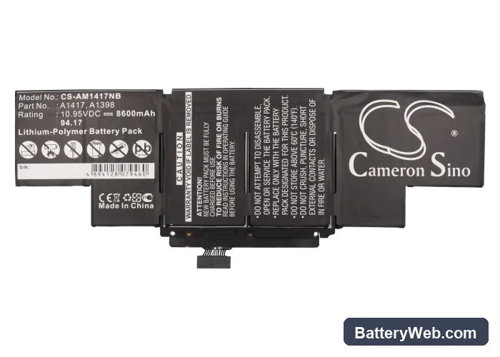 Apple MacBook Pro Core i7 2.3 15" Retina Replacement Battery, 10.95V, 8600mAh, Li-Polymer 5
