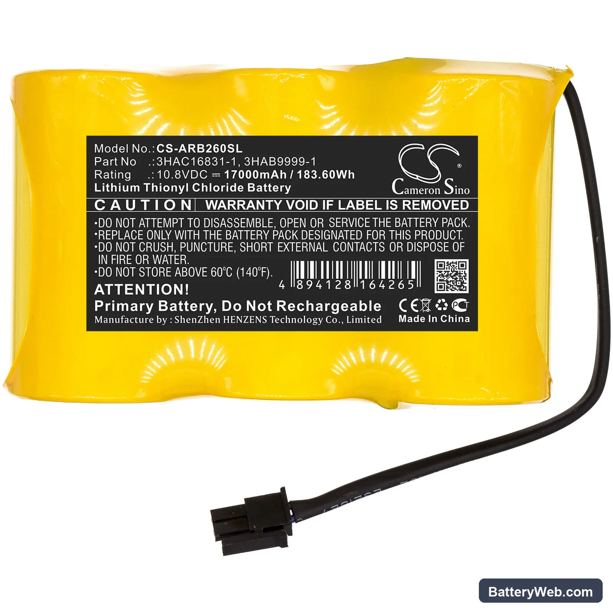 ABB IRB 2600 M2004 Replacement Battery, 10.8V, 17000mAh, Li-SOCl2 3