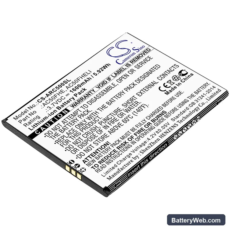 Archos 50F Helium Lite Replacement Battery, 3.7V, 1600mAh, Li-ion 1