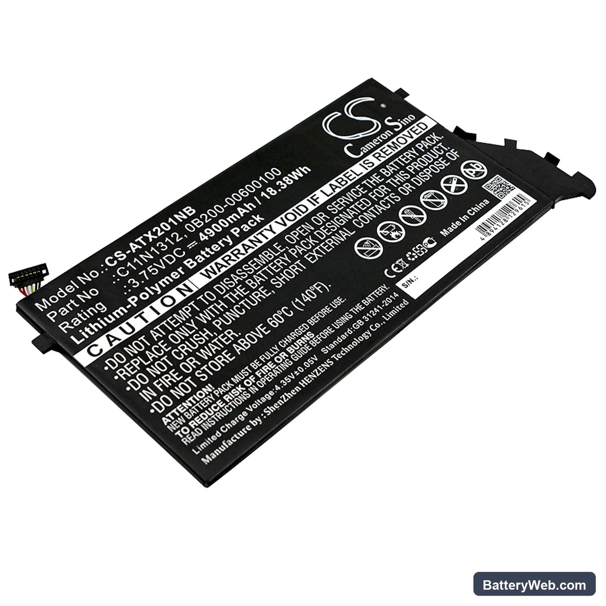 Asus Transformer Book TX201LA Replacement Battery, 3.75V, 4900mAh, Li-Polymer 1