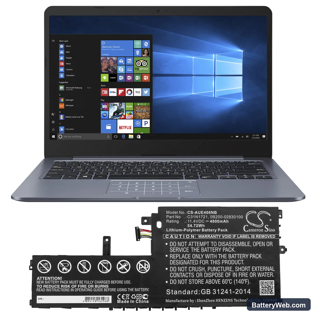 Asus E406MA-1C Replacement Battery, 11.4V, 4800mAh, Li-Polymer 5