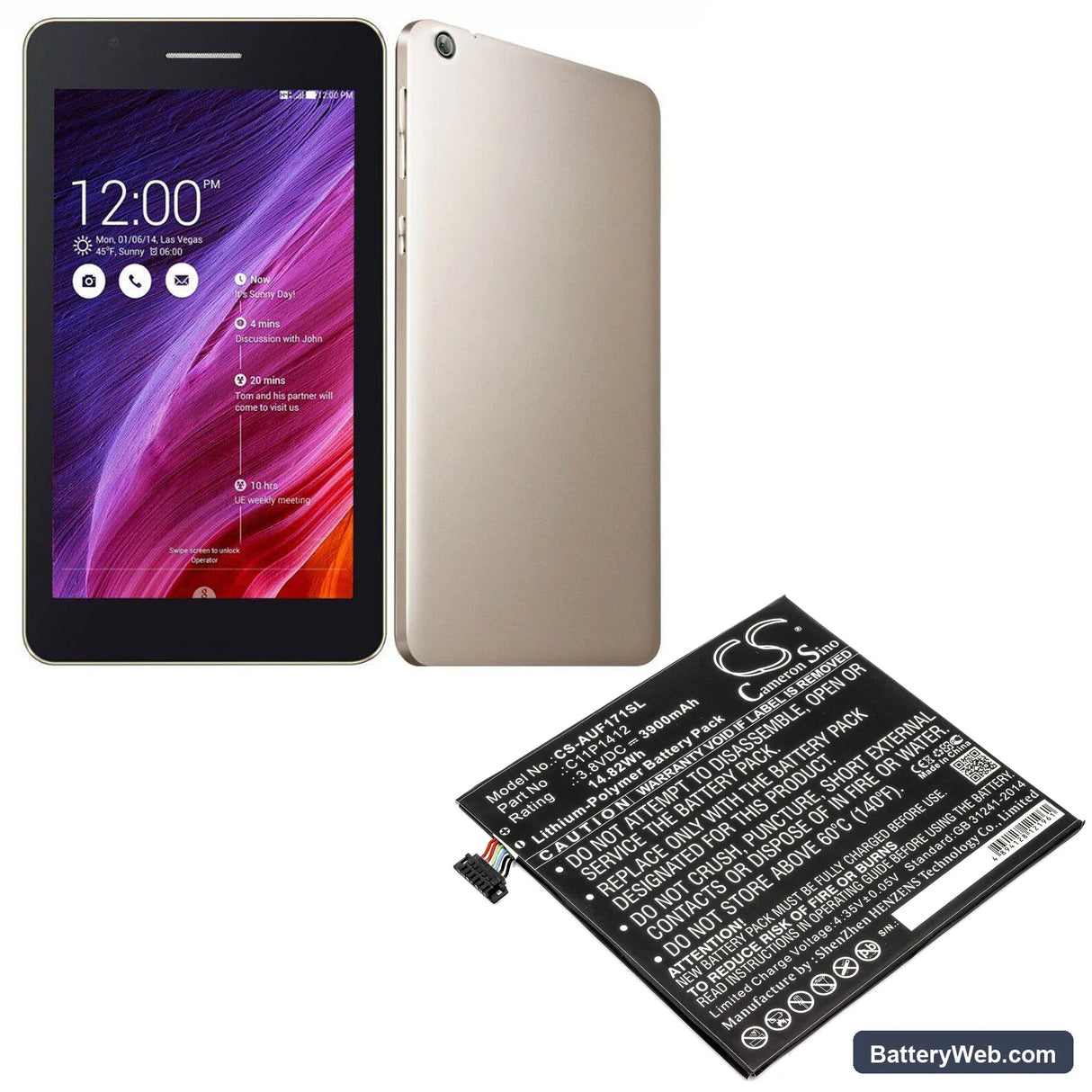 Asus Fonepad 7 FE171MG Replacement Battery, 3.8V, 3900mAh, Li-Polymer 5