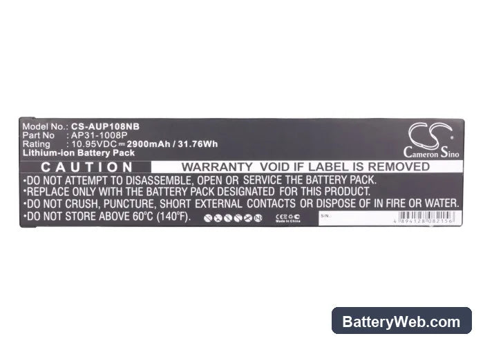 Asus Eee PC 1008 Replacement Battery, 10.95V, 2900mAh, Li-Polymer 5