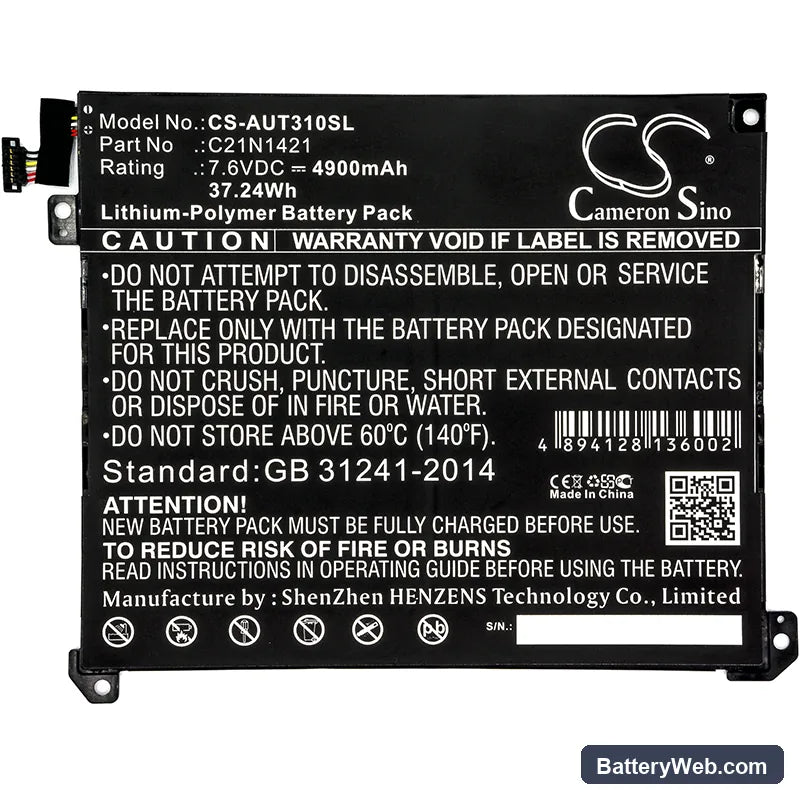 Asus Transformer Book T300chi Replacement Battery, 7.6V, 4900mAh, Li-Polymer 3