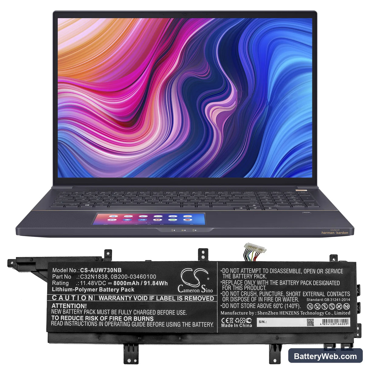 Asus ProArt StudioBook Pro X W730G5T-H8052R Replacement Battery, 11.48V, 8000mAh, Li-Polymer 5