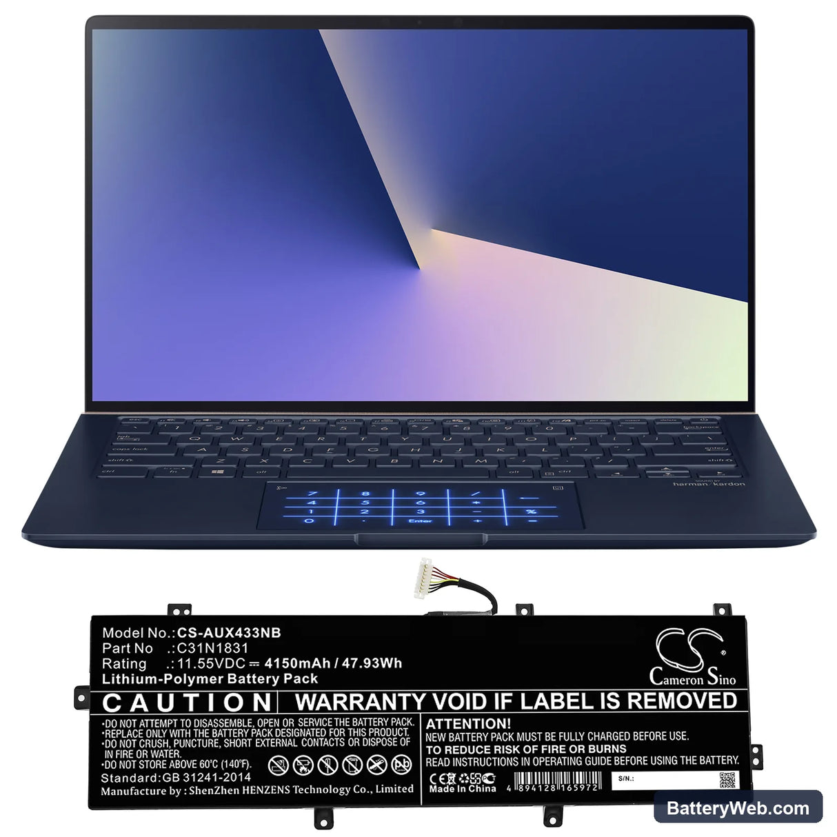 Asus Zenbook 14 UX433FQ-A5105R Replacement Battery, 11.55V, 4150mAh, Li-Polymer 5