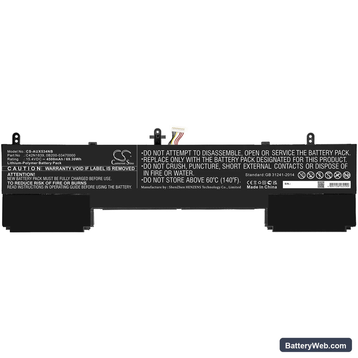 Asus ZenBook 15 UX534FTC-BPC1517U Replacement Battery, 15.4V, 4500mAh, Li-Polymer 3