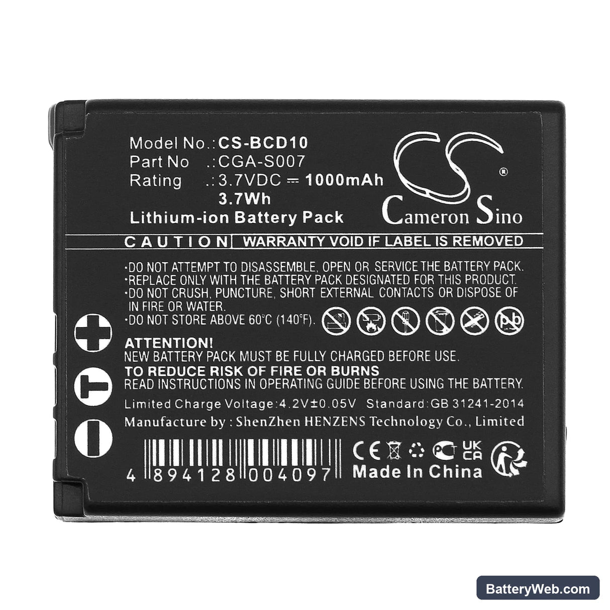 Panasonic Lumix DMC-TZ1EG-S Replacement Battery, 3.7V, 1000mAh, Li-ion 5