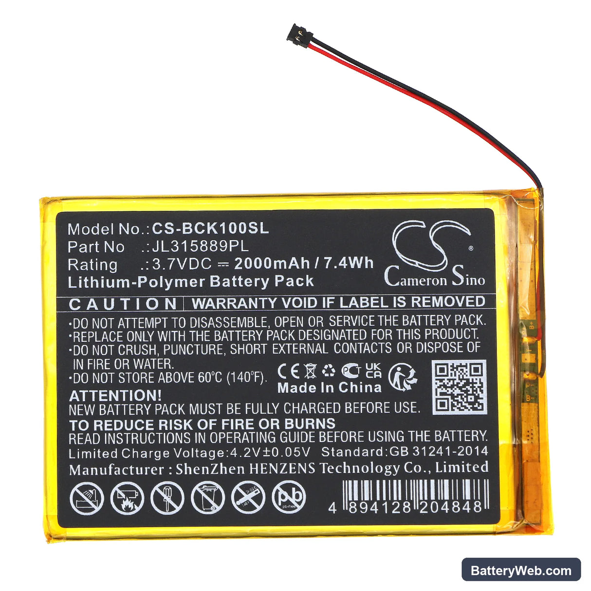 Bookeen CYBFT1F-BK Replacement Battery, 3.7V, 2000mAh, Li-Polymer 3