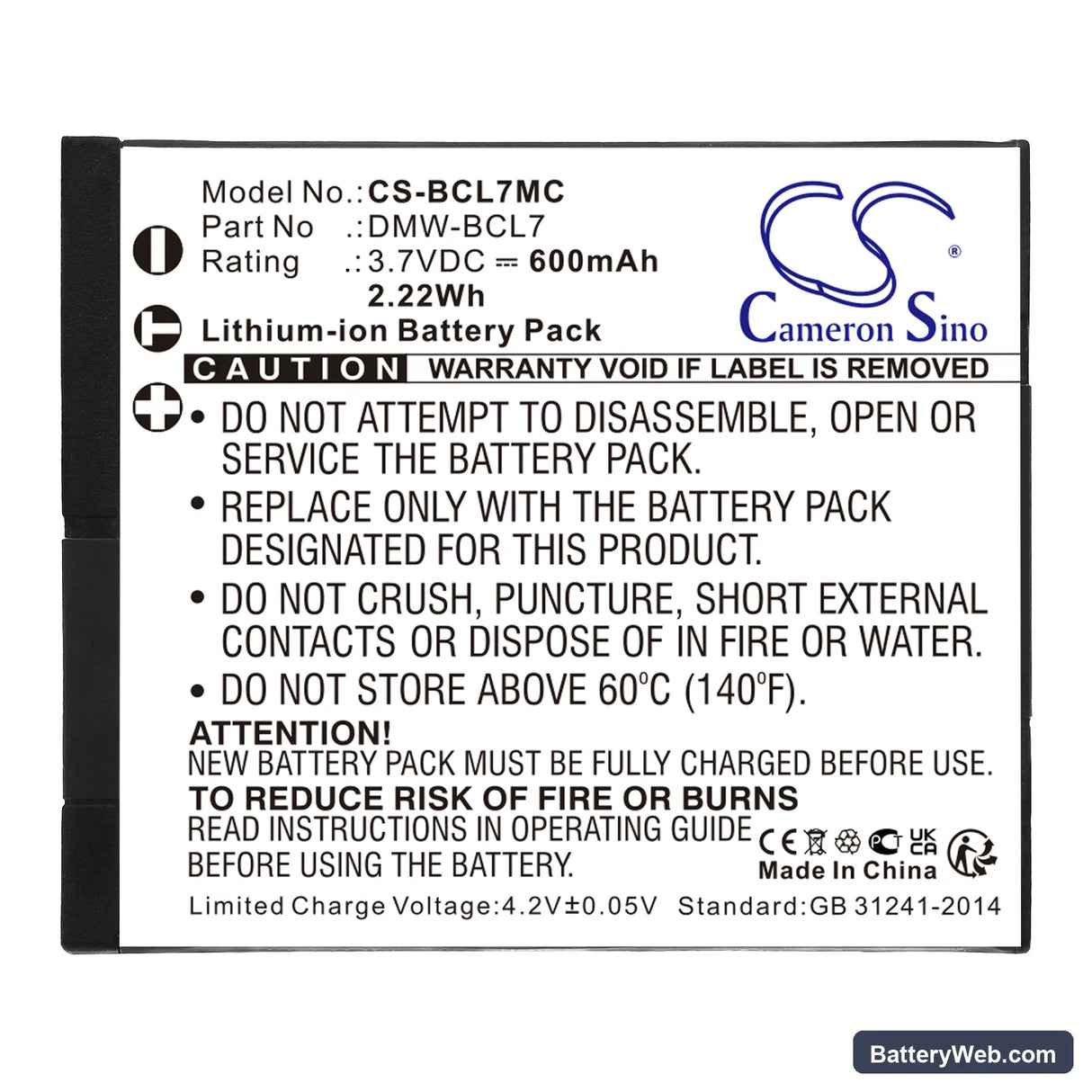 Panasonic Lumix DMC-F5 Replacement Battery, 3.7V, 600mAh, Li-ion 3