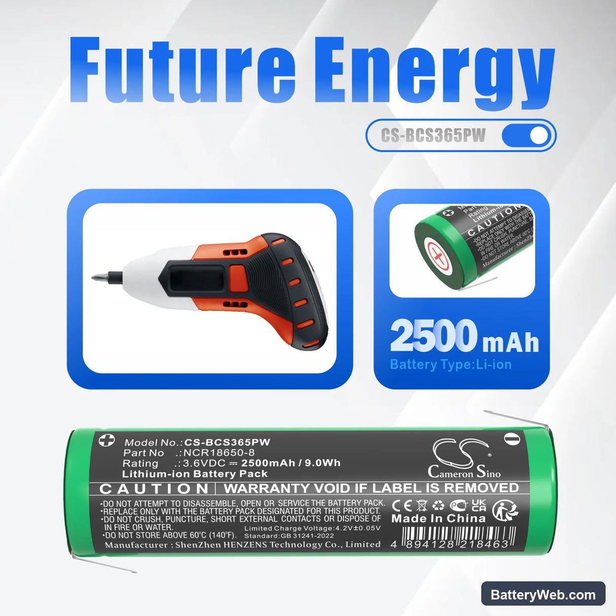 Black & Decker BDCS40G Type 1 Replacement Battery, 3.6V, 2500mAh, Li-ion 6