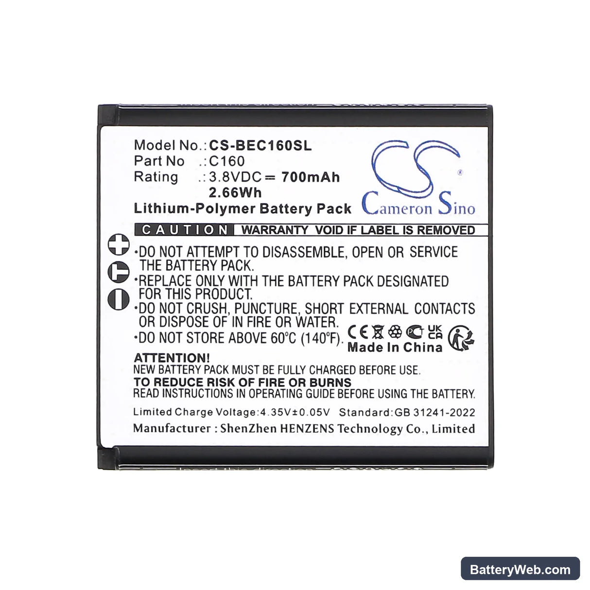 Bea-fon C160 Replacement Battery, 3.8V, 700mAh, Li-Polymer 3