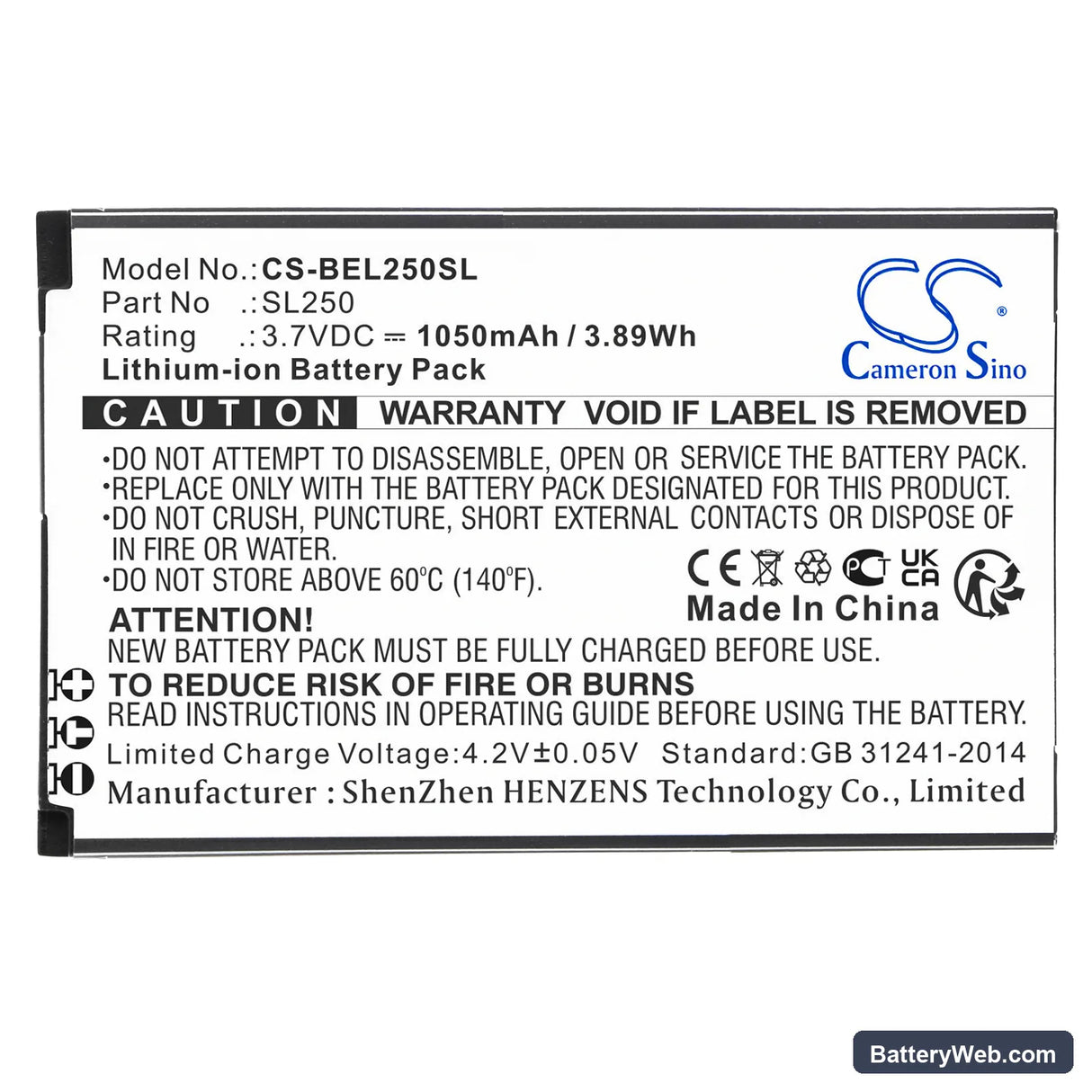 Bea-fon SL250 Replacement Battery, 3.7V, 1050mAh, Li-ion 3