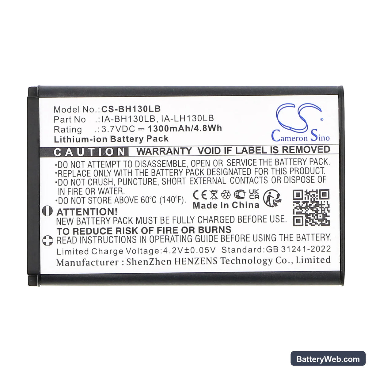 Samsung SMX-C14 Replacement Battery, 3.7V, 1300mAh, Li-ion 3