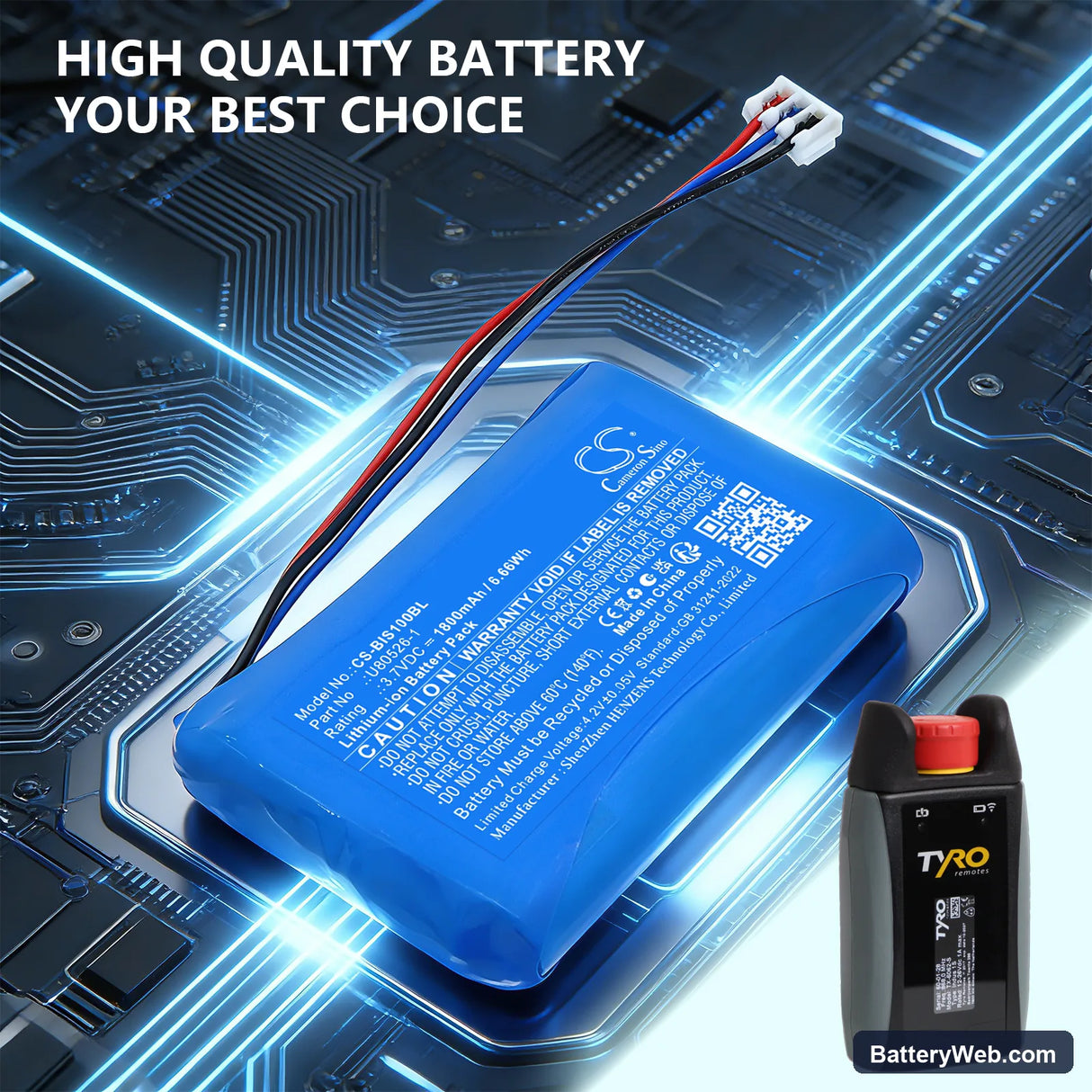 Tyro Indus 1S Wireless E-stop Replacement Battery, 3.7V, 1800mAh, Li-ion 6