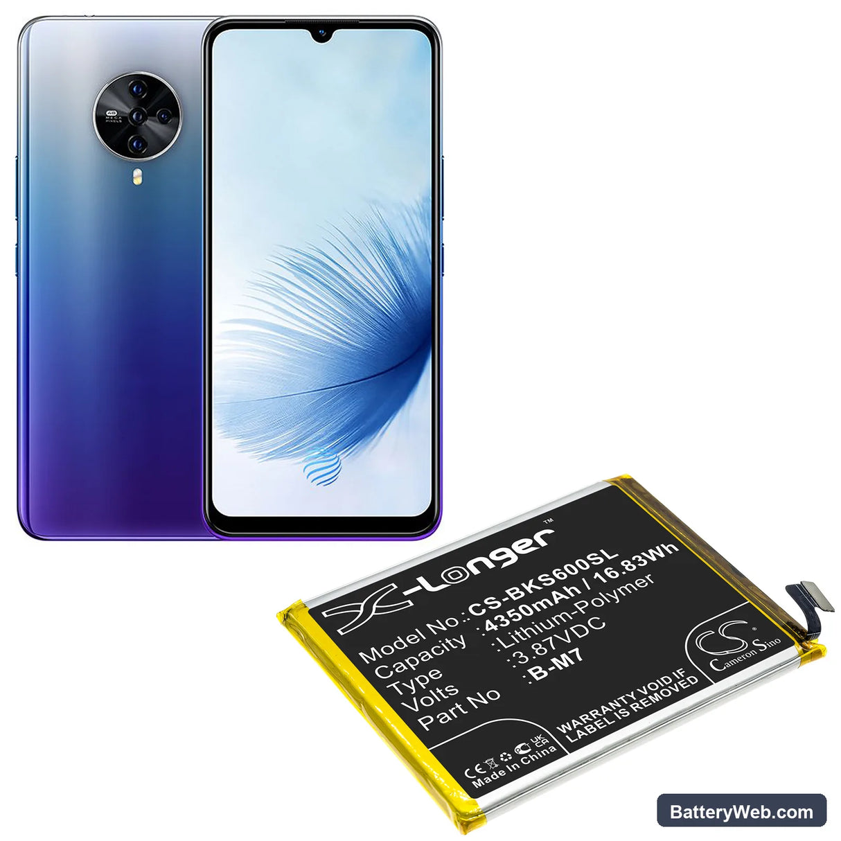 Vivo S6 5G Replacement Battery, 3.87V, 4350mAh, Li-Polymer 5
